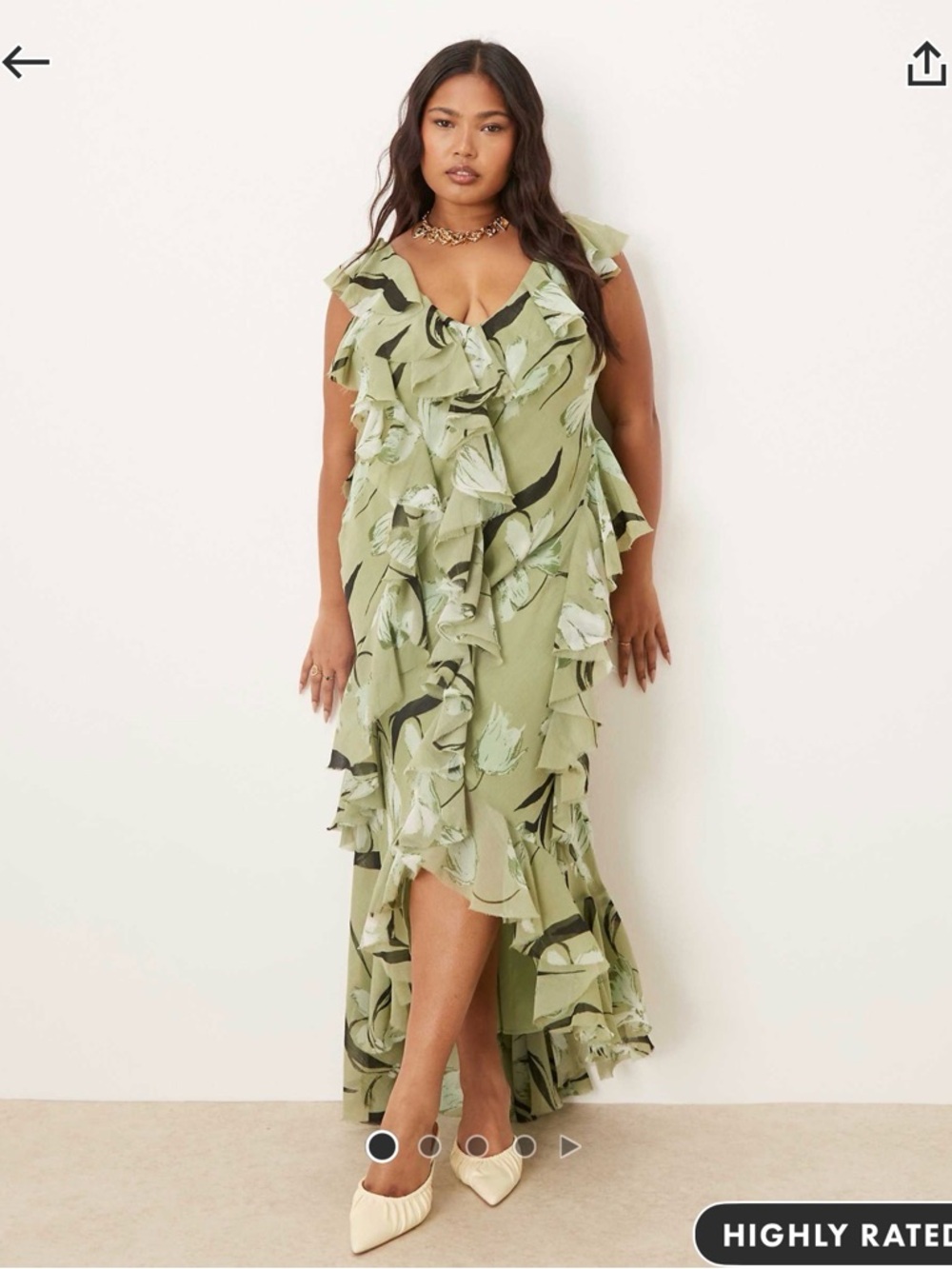 ASOS Curve Olive Green Floral High-Low Ruffle Maxi Dress